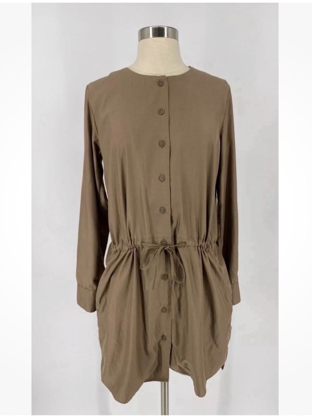 Uniqlo Taupe Long-Sleeve Button-Front Drawstring Tunic